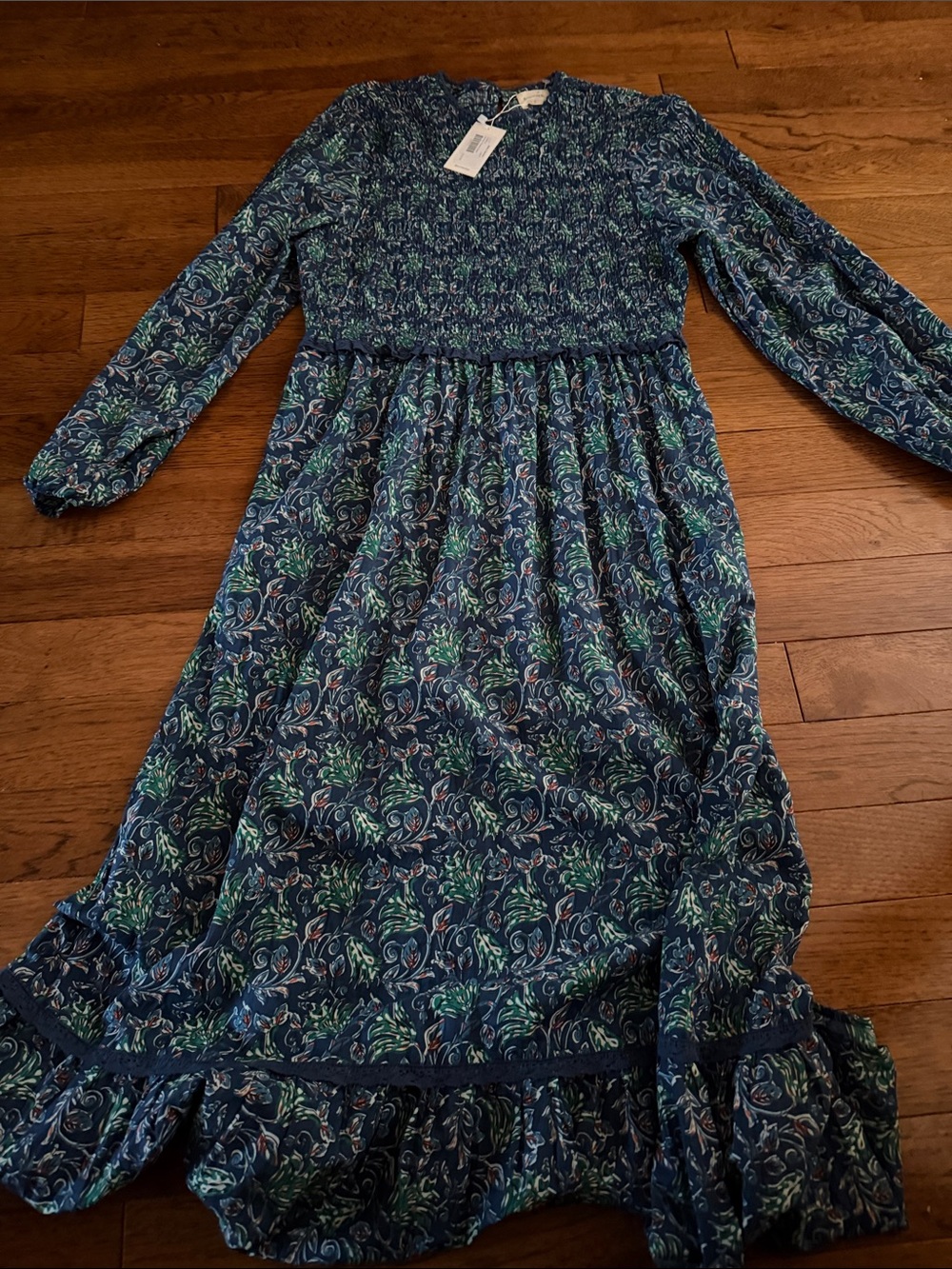Sonmer Pamela dress blue green floral long sleeve maxi size L